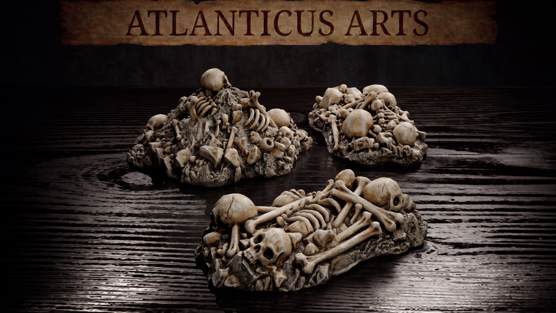 Wide shot showing all three unique painted resin bone pile models spread out on a dark wooden floor.