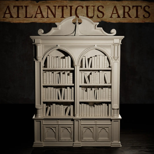 Close-up view of the Bookcase scatter terrain showing detailed books and archways.