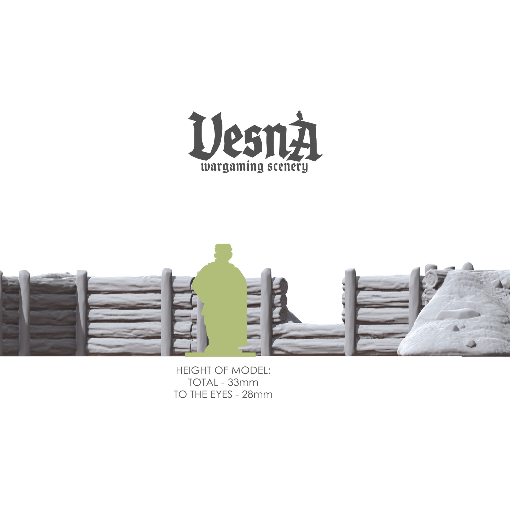 Height reference graphic showing the breastworks wall scale next to an infantry model silhouette, noting a total height of 33mm and 28mm height to the eyes.