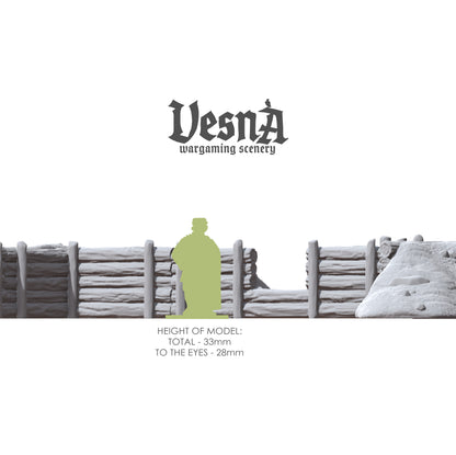 Height reference graphic showing the breastworks wall scale next to an infantry model silhouette, noting a total height of 33mm and 28mm height to the eyes.