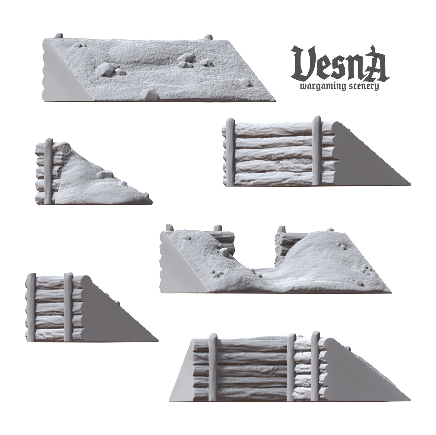 Direct side and top profiles of the six individual components of the resin wargaming scenery kit showing different wall lengths and corner designs.