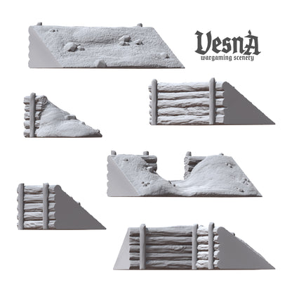 Direct side and top profiles of the six individual components of the resin wargaming scenery kit showing different wall lengths and corner designs.
