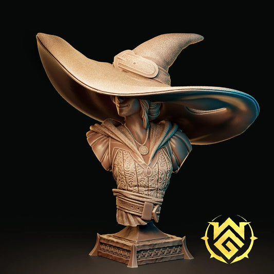 Brim Wizard Half-Elf Wizard display bust wearing an enormous curved hat, detailed robes, pendant, and layered arcane attire.