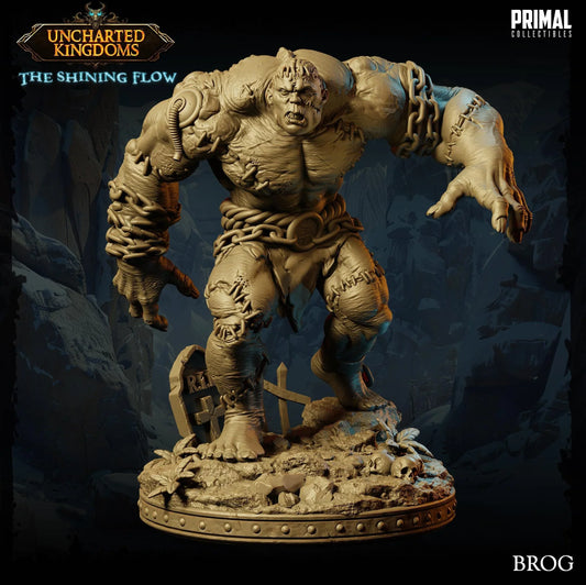 Brog the Stitched Golem with a massive stitched body, scarred flesh, restraints, and a rugged scenic base.