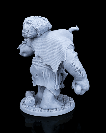 Back right view of the Brugtilda the Bloated fantasy miniature highlighting skin texture and stitched scars.