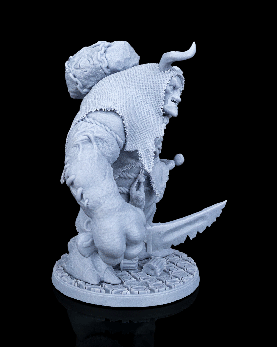 Right profile view of Brugtilda the Bloated giant miniature showing the texture of the burlap hood and cleaver profile.