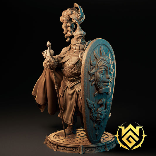 Bruti the Benediction Human Fighter tabletop or figurine miniature with ornate armor and martial equipment.