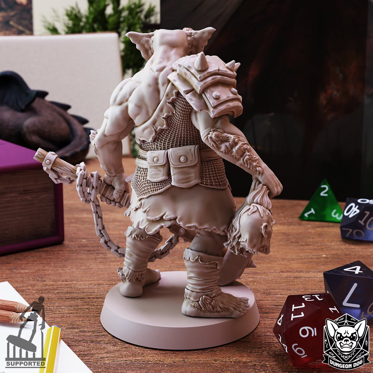 Rear view of Bugbear resin miniature showing armor, gear, and chained hammer