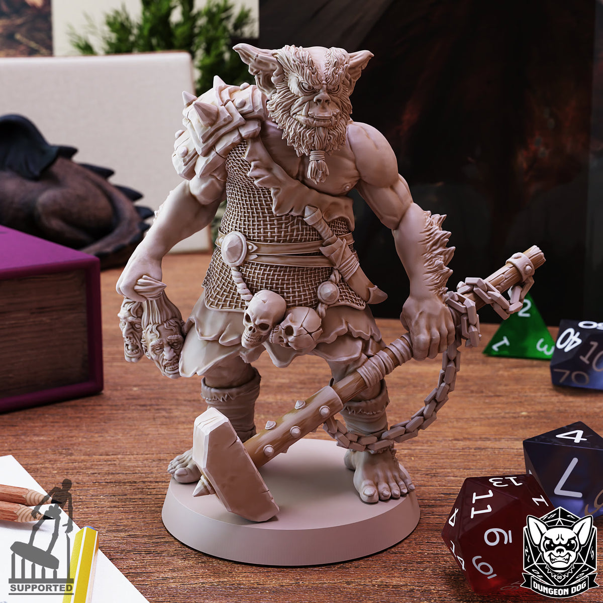 Bugbear Medium Humanoid resin miniature by Dungeon Dog with chained hammer