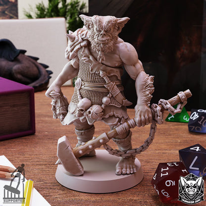 Bugbear resin miniature with scavenged gear, trophies, and massive chained hammer