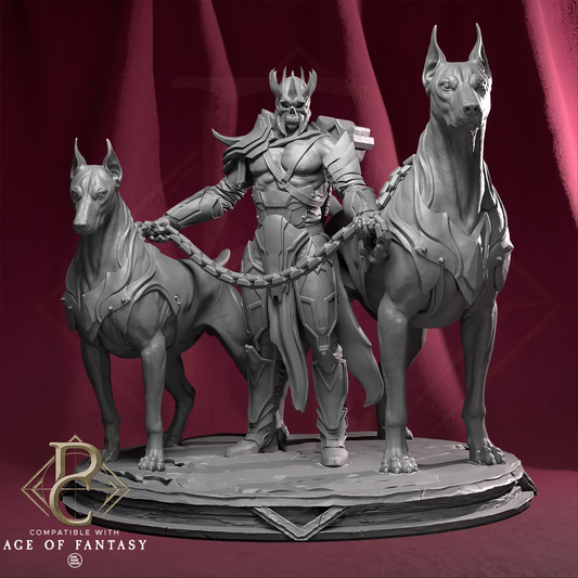 Warden Blackhelm with armored hounds on circular base, dark fantasy warlord