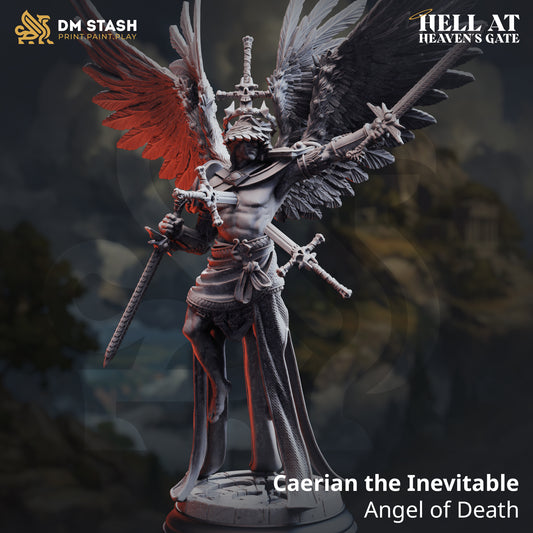 Caerian the Inevitable Angel of Death resin miniature by DM Stash full view with wings and swords.