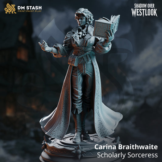 Carina Braithwaite human sorcerer holding an open spellbook and extending one hand in an arcane casting pose.