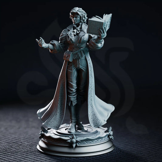 Front view of Carina Braithwaite in detailed scholarly clothing with an open book raised beside her face.