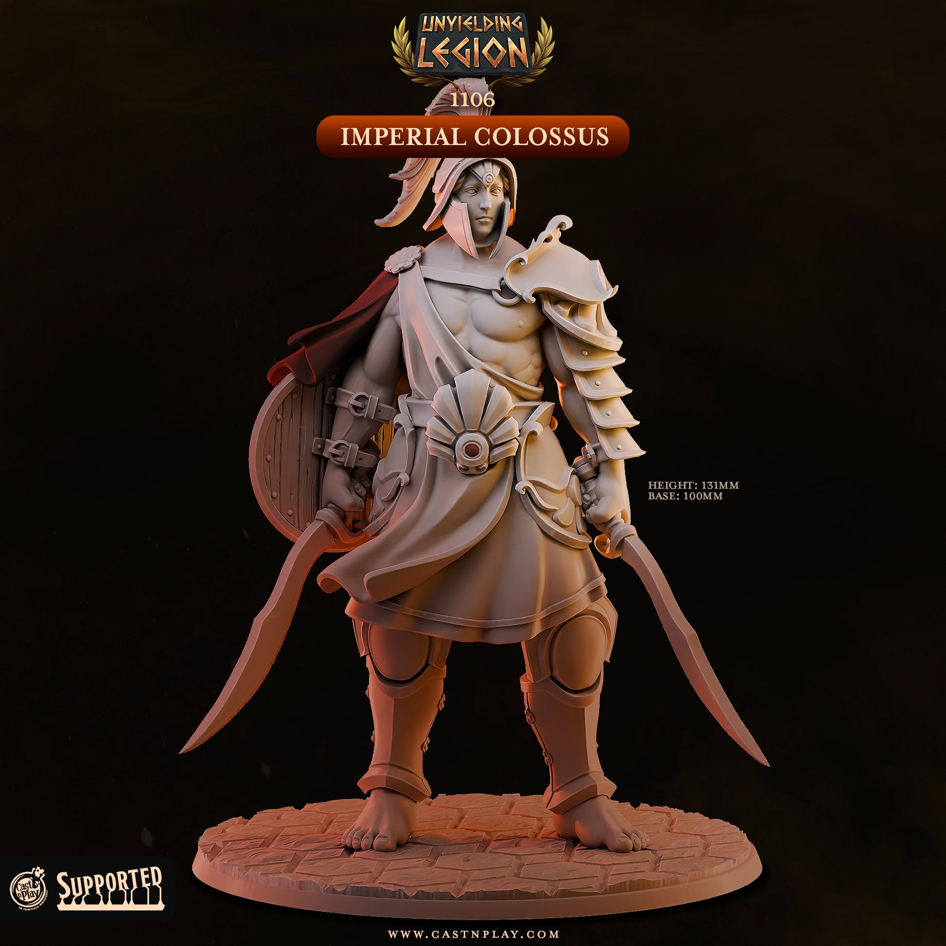 Front view of the unpainted gray resin Imperial Colossus miniature by Cast n Play, showing a giant armored warrior with a plumed helmet dual-wielding curved swords on a 100mm base.
