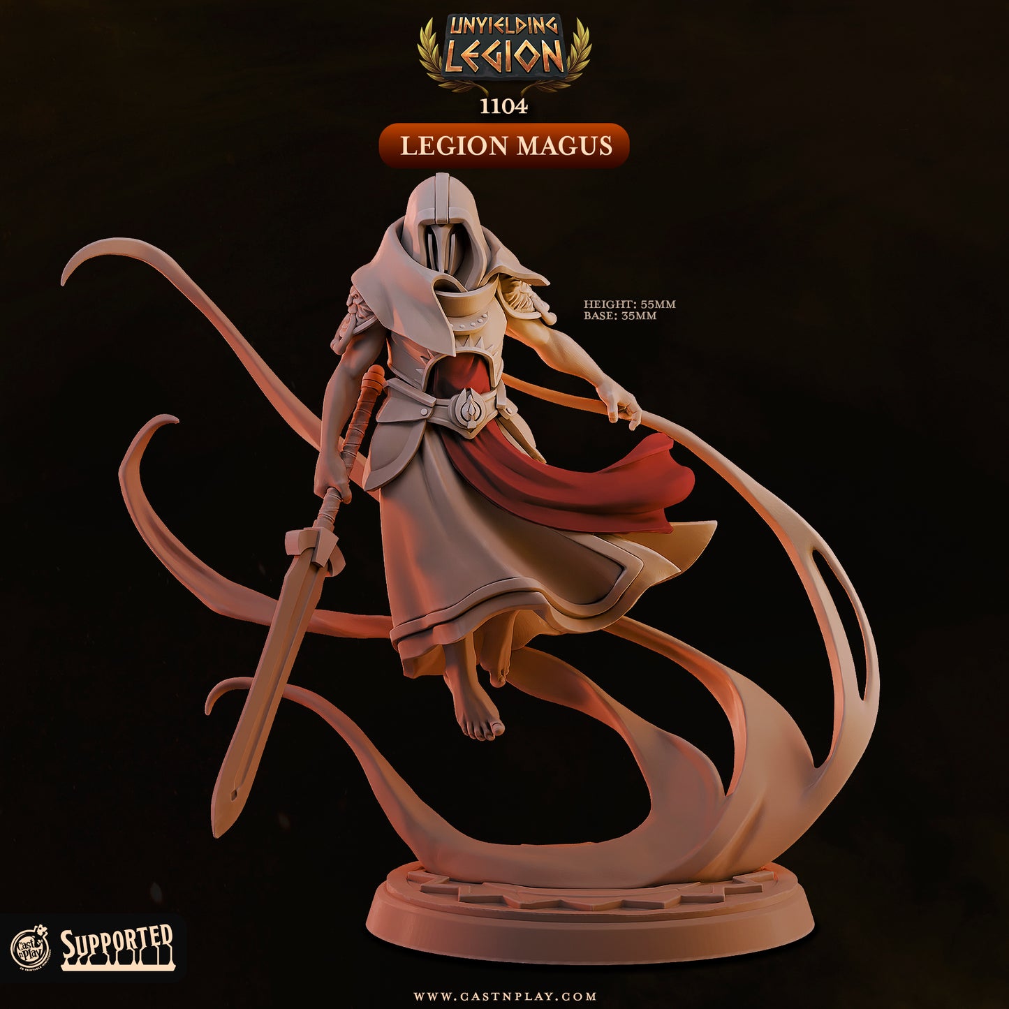 Front view of the unpainted resin Legion Magus miniature by Cast n Play, showing a hooded, masked sorcerer floating on a vortex of magic with a large sword.