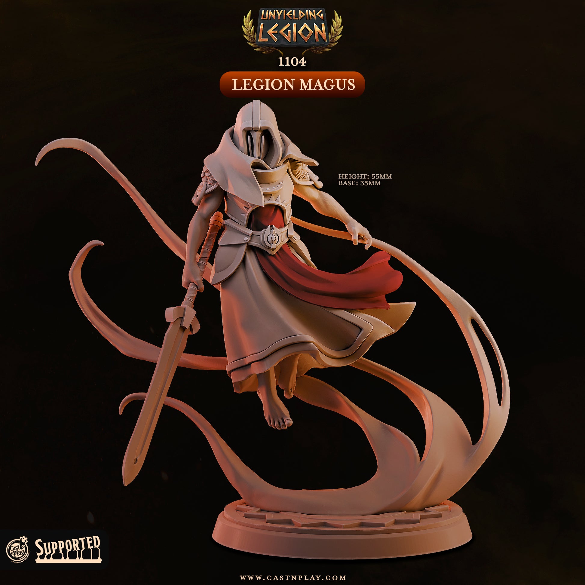 Front view of the unpainted resin Legion Magus miniature by Cast n Play, showing a hooded, masked sorcerer floating on a vortex of magic with a large sword.