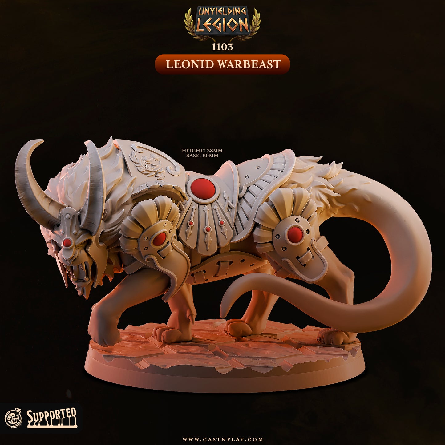 Front three-quarter view of the unpainted gray resin Leonid Warbeast miniature by Cast n Play, showing a large armored lion-like beast with a horned helmet on a 50mm stone base.
