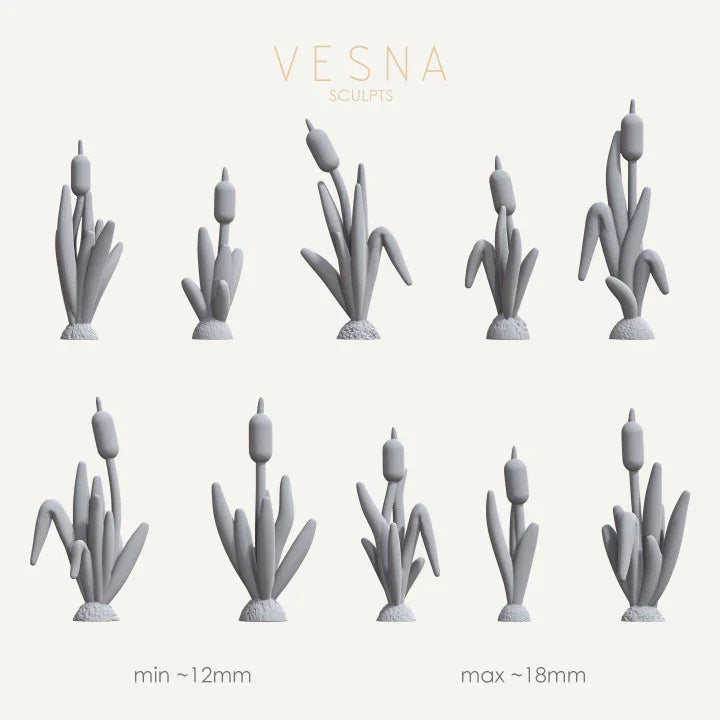 Front view diagram of 10 individual resin scatter terrain cattail pieces with height measurements ranging from 12mm to 18mm.