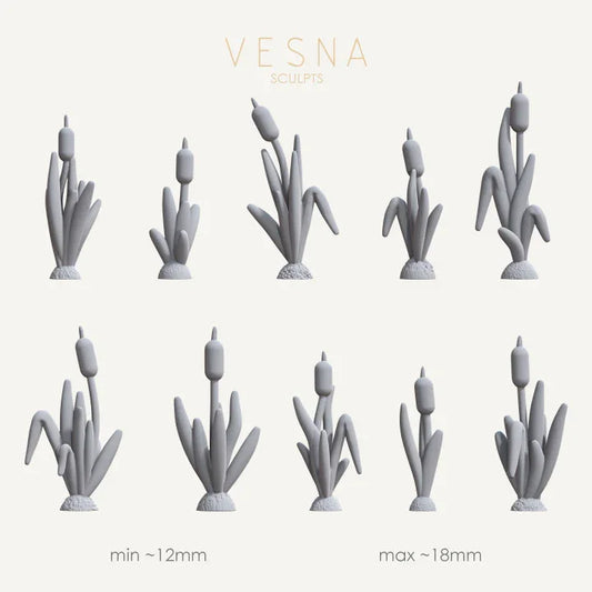 Front view diagram of 10 individual resin scatter terrain cattail pieces with height measurements ranging from 12mm to 18mm.