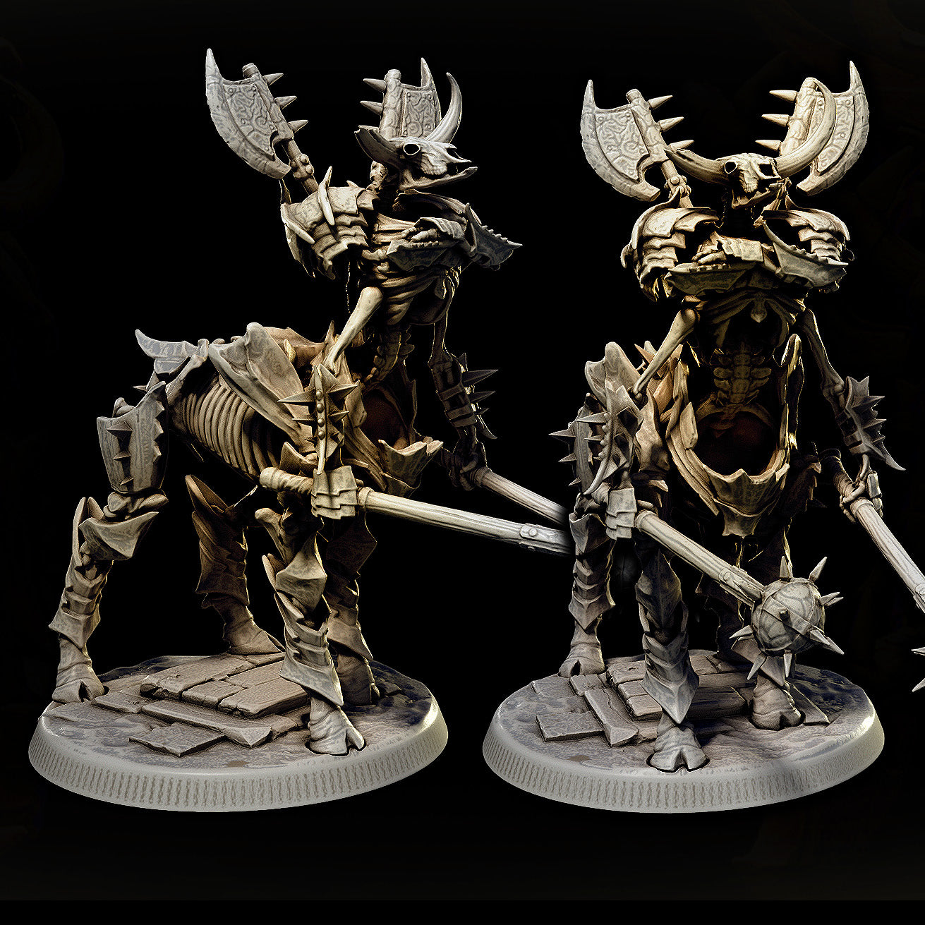 32mm skeleton centaur large-sized resin miniatures set with six unique armored undead cavalry poses wielding brutal weapons for tabletop RPG battles