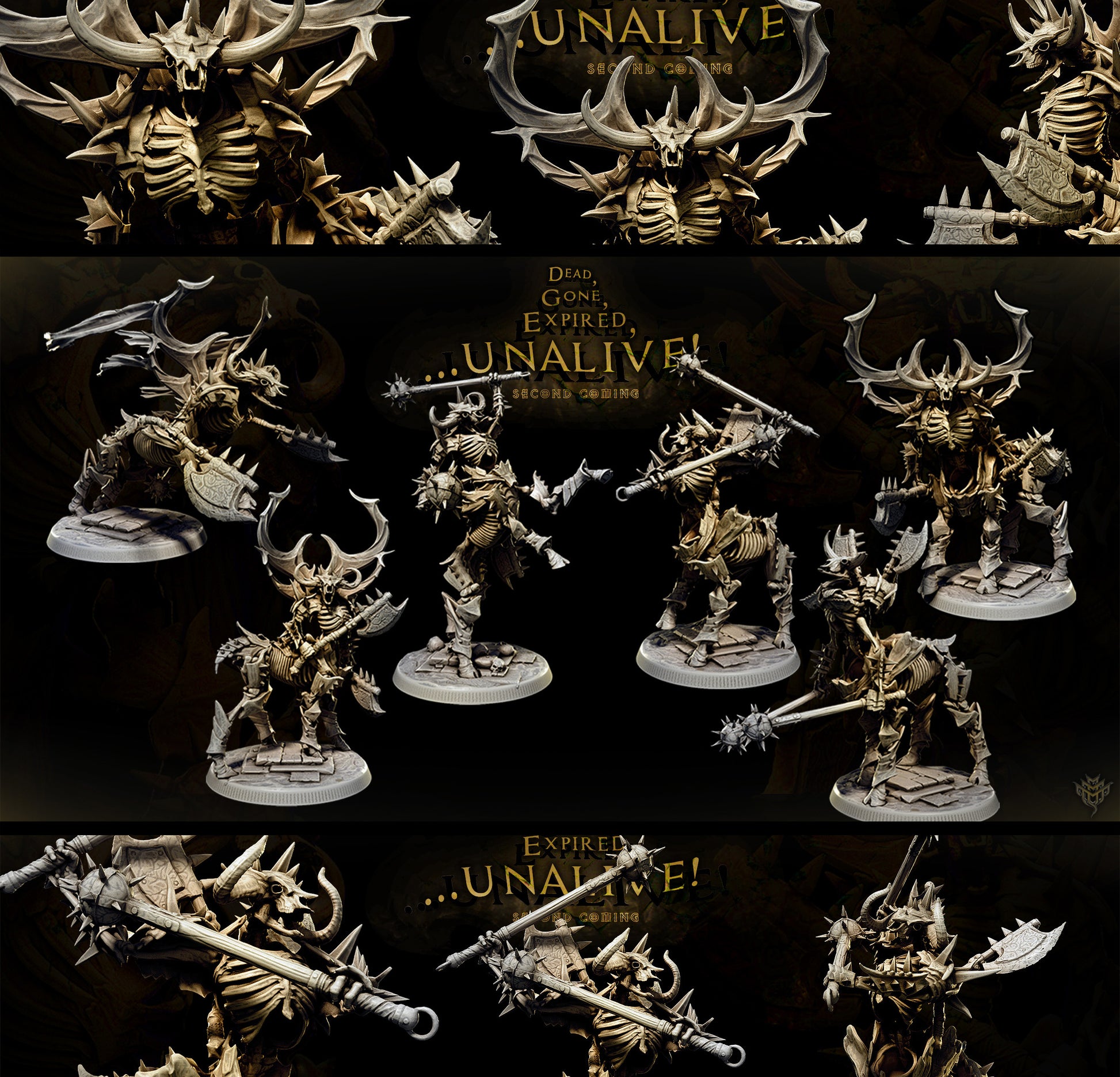 32mm skeleton centaur large-sized resin miniatures set with six unique armored undead cavalry poses wielding brutal weapons for tabletop RPG battles
