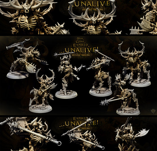 32mm skeleton centaur large-sized resin miniatures set with six unique armored undead cavalry poses wielding brutal weapons for tabletop RPG battles
