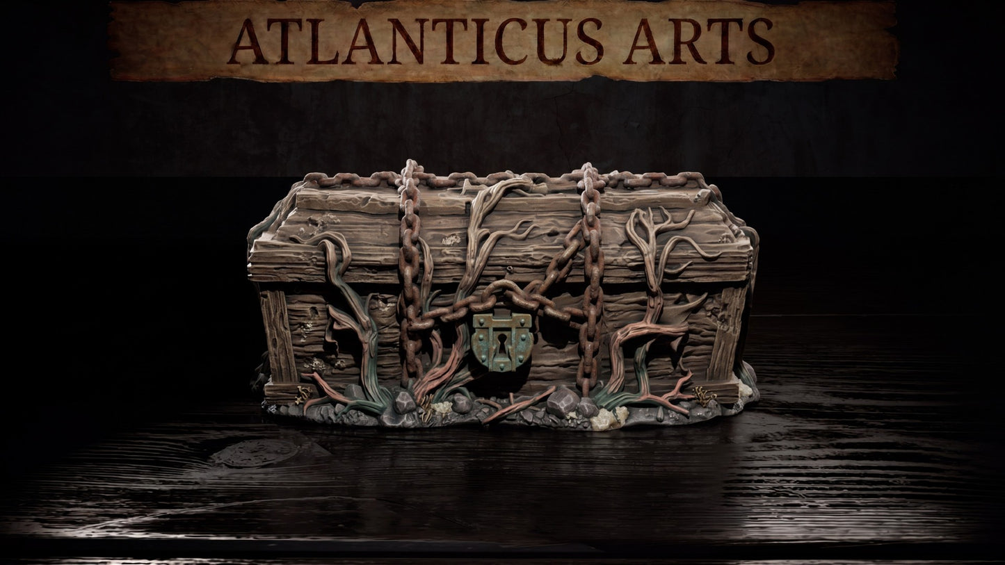 Wide shot of the painted resin Chained Coffin terrain piece resting on a dark, reflective wooden surface.