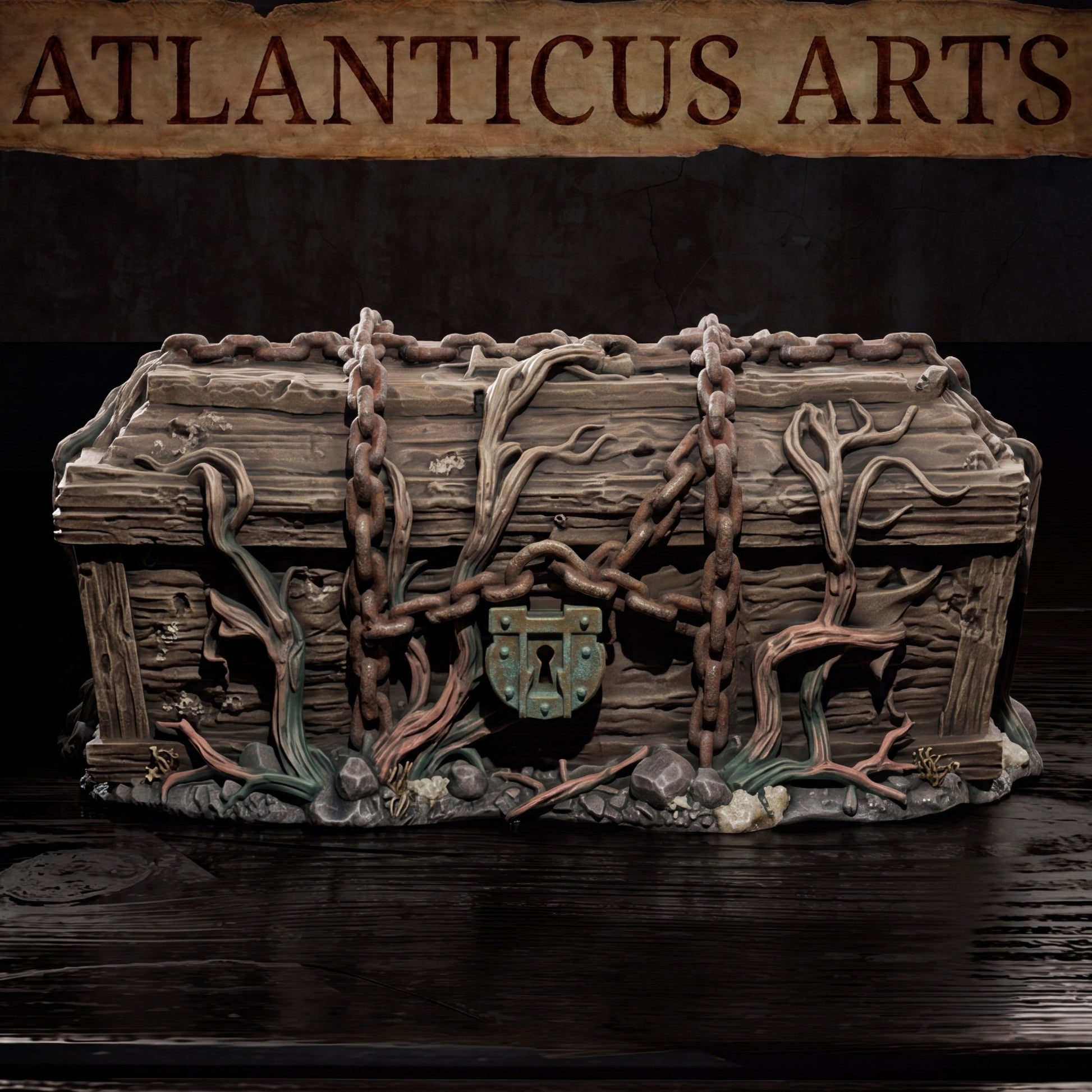 Close-up of a painted wooden Chained Coffin miniature with rusty chains, an oxidized verdigris padlock, and pale creeping roots, under the Atlanticus Arts banner.