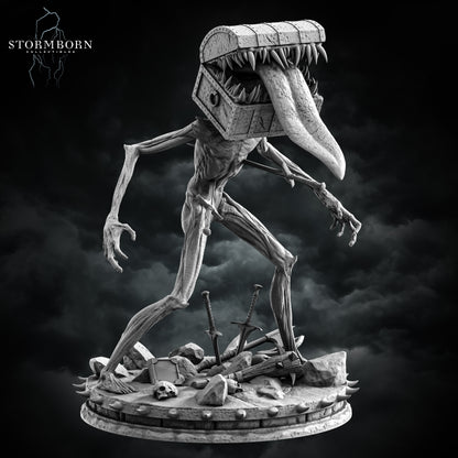 Side view of the bipedal Chest Mimic displaying long reaching arms and tongue by Stormborn Collectibles.