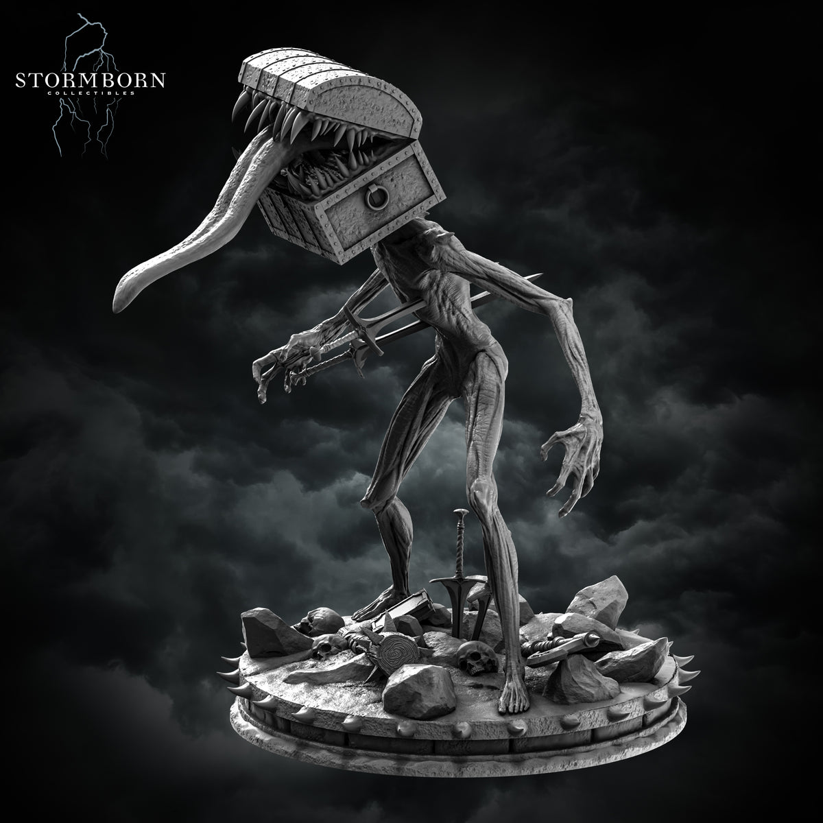 Three-quarter view showing the chest head monster standing over scattered weapons by Stormborn Collectibles.