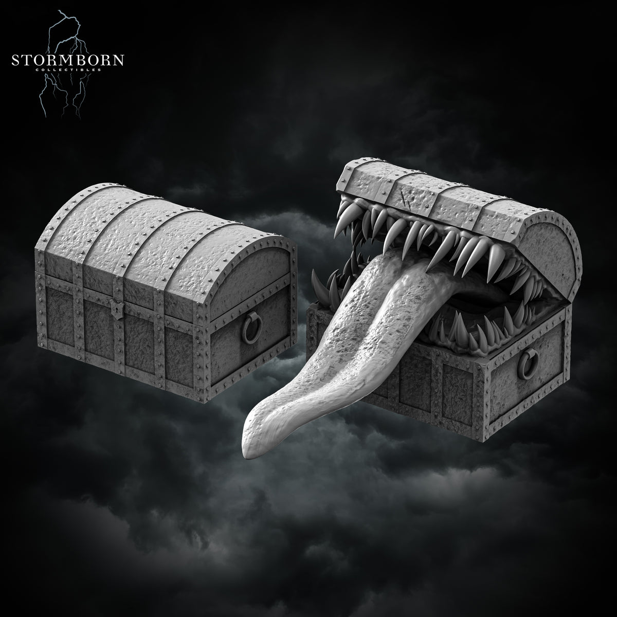 Dormant wooden chest mimic and open Ambush mimic form side-by-side by Stormborn Collectibles.