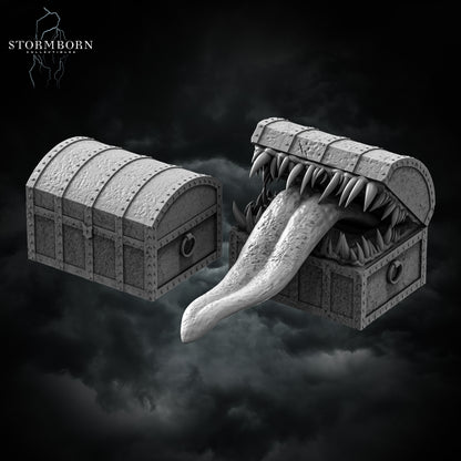 Dormant wooden chest mimic and open Ambush mimic form side-by-side by Stormborn Collectibles.