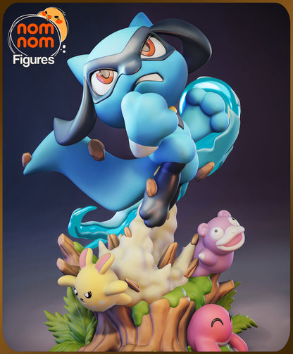 Chibi Riolu Pokémon resin statue front three-quarter view with scenic base