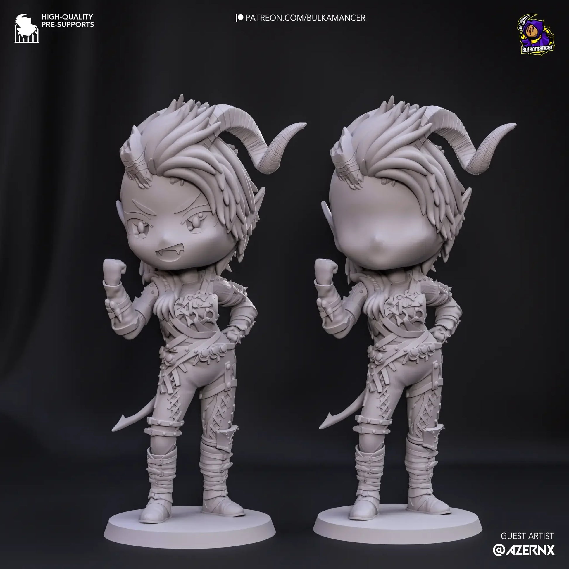 Two gray resin figurines with detailed hairstyles on a black background