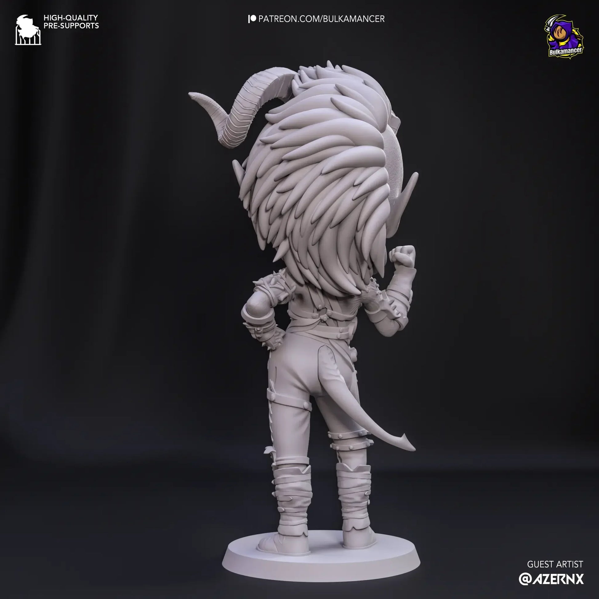 Unpainted miniature figure with large head and long hair on a black background