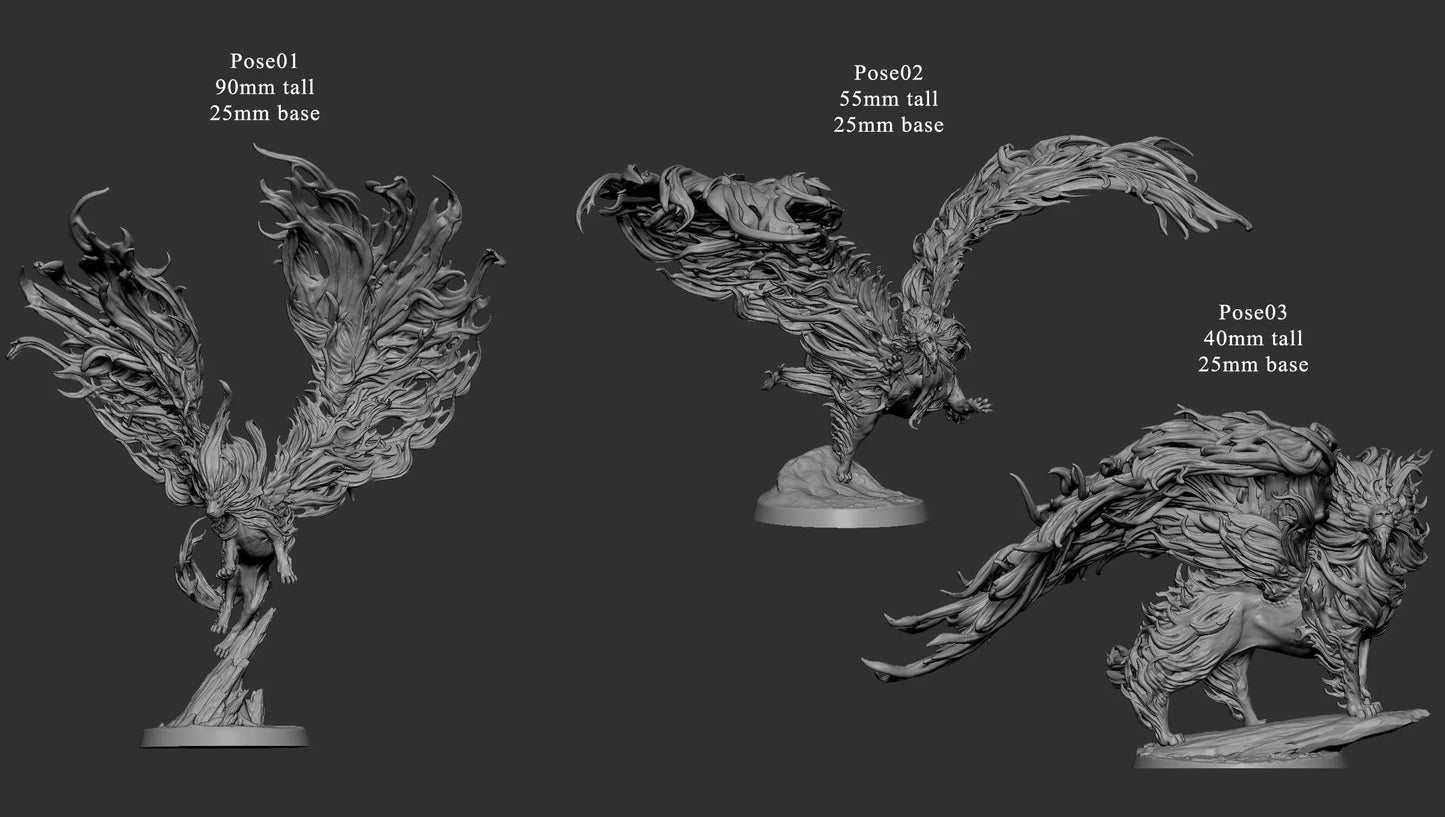 Cinder Lion set shown in neutral gray with display base and three heights: 90mm, 55mm, and 40mm