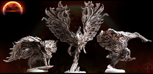 Inferno Blazing Girallon miniatures in three dynamic poses – fiery elemental beast sculpts with swirling flame-like fur for fantasy tabletop display.