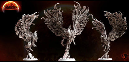 Cinder Lion miniatures rearing and lunging with ash-like sculpted flames, ideal for tabletop boss encounters