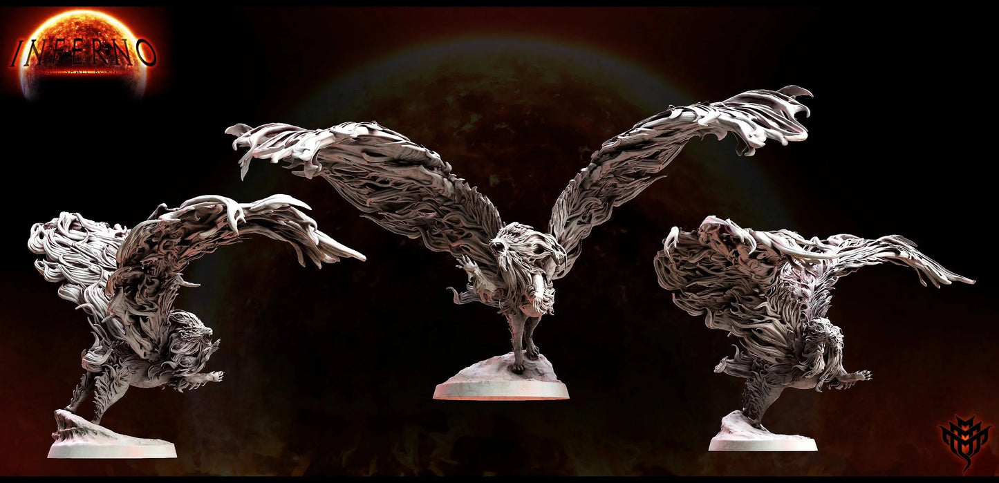 Three flame-wreathed lion miniatures posed in mid-leap with long, flowing fire-manes and 25mm round bases