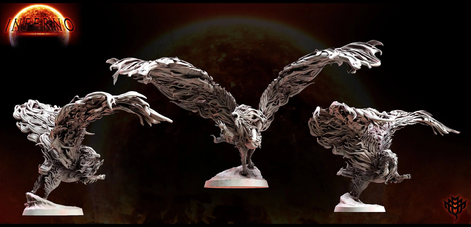 Three flame-wreathed lion miniatures posed in mid-leap with long, flowing fire-manes and 25mm round bases