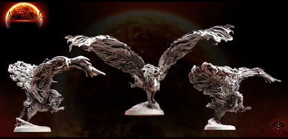 Three flame-wreathed lion miniatures posed in mid-leap with long, flowing fire-manes and 25mm round bases