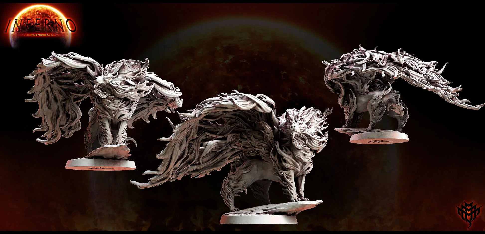 Fiery lion miniature with swirling mane in three dynamic poses, perfect for infernal or elemental encounters in TTRPGs