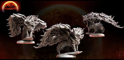 Fiery lion miniature with swirling mane in three dynamic poses, perfect for infernal or elemental encounters in TTRPGs