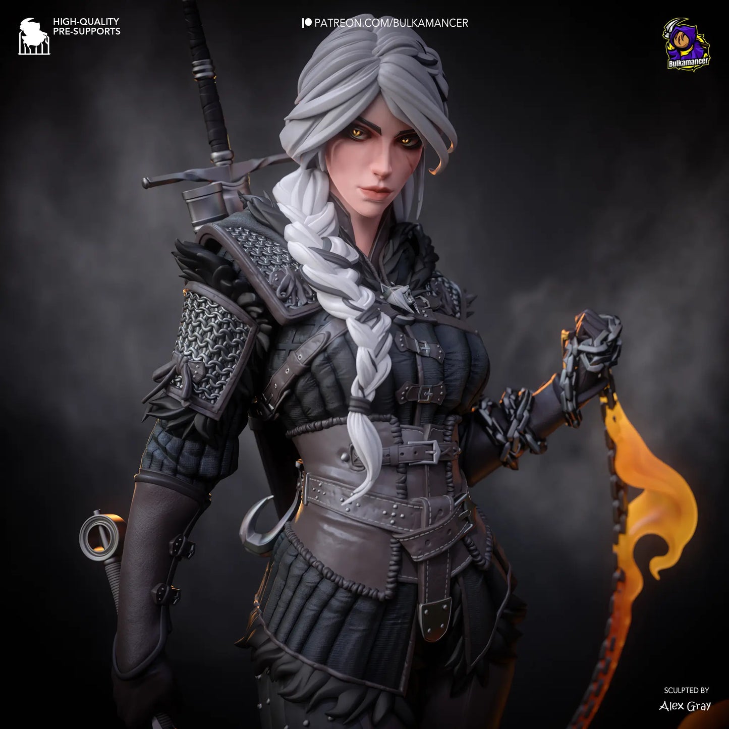 Detailed close-up of painted Ciri statue’s face and torso – stylized armor, white braid, and chain weapon.