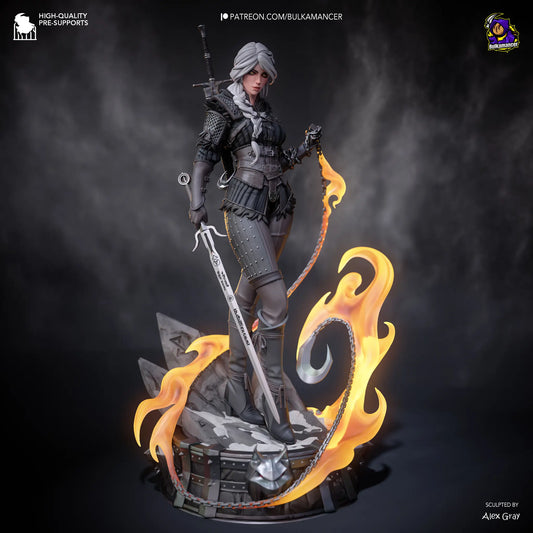 Painted 3D printed statue of Ciri with glowing flame effects and sword drawn – fan art from The Witcher 4.
