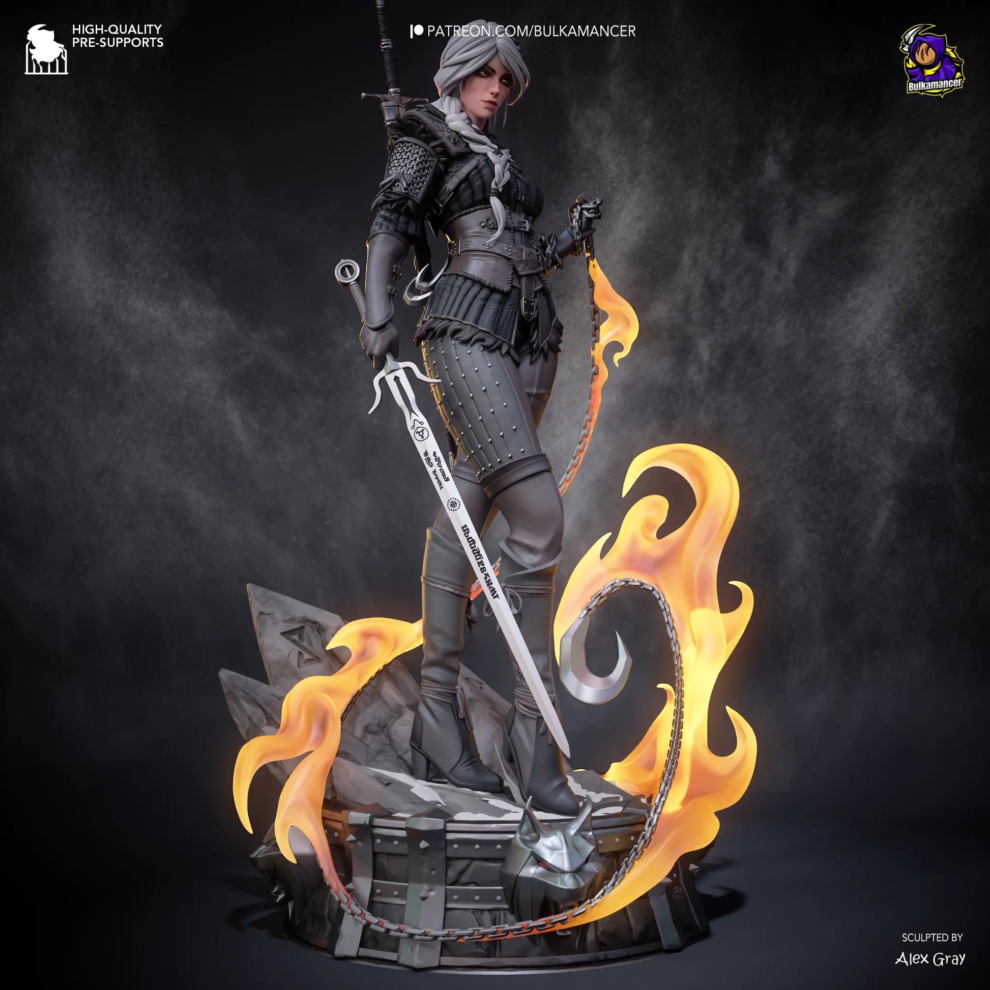 Stylized Ciri fan art statue in battle pose – resin 3D print with chain weapon and scenic base.