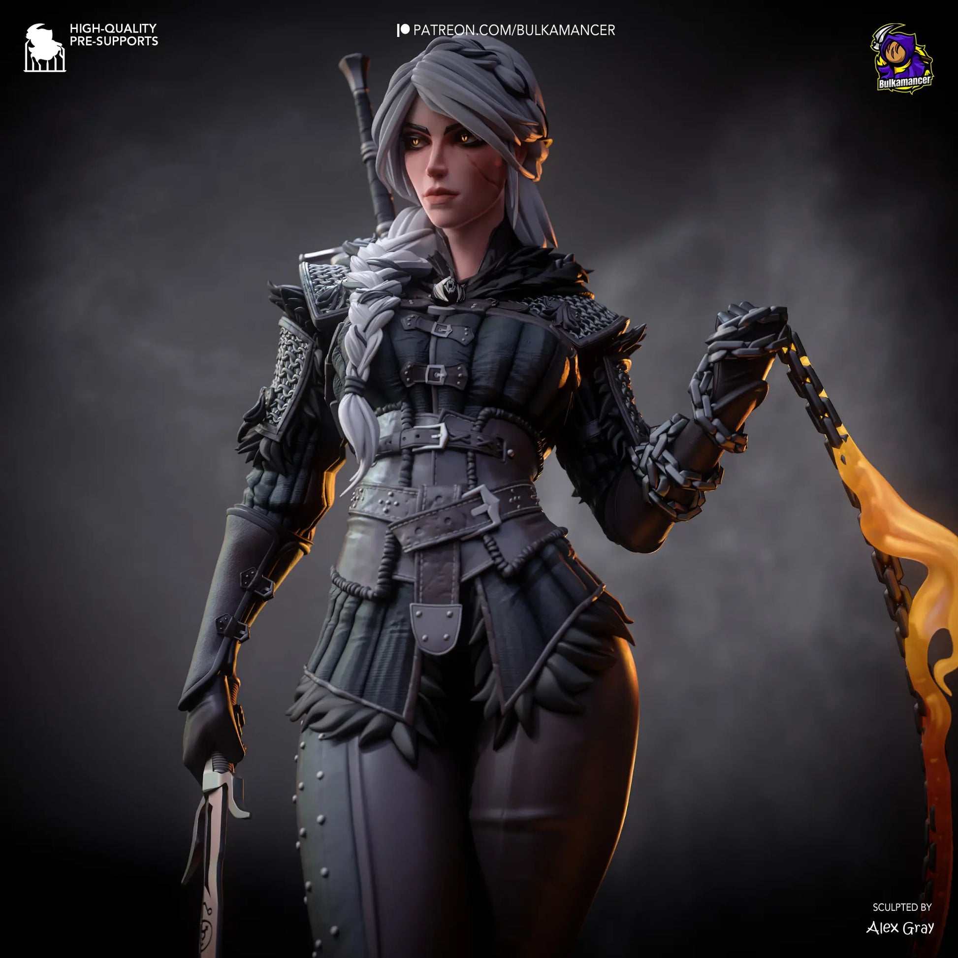 Close-up of painted Ciri figure showing detailed armor, glowing chain, and flame base – Witcher 4 resin fan art.
