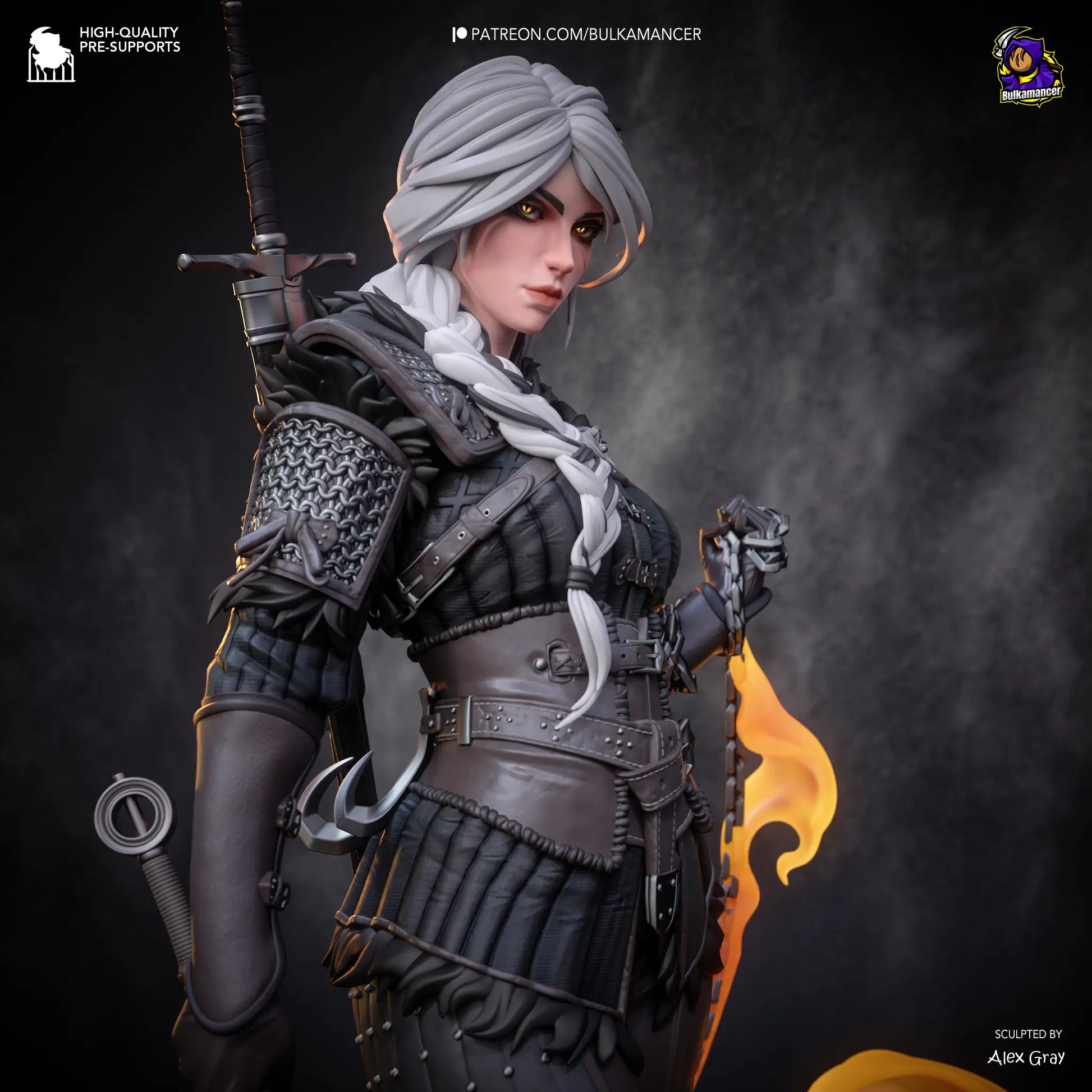 Dynamic angle of painted Ciri (Stylized) statue with sword, chain, and flame effects – 3D printed fan art display.