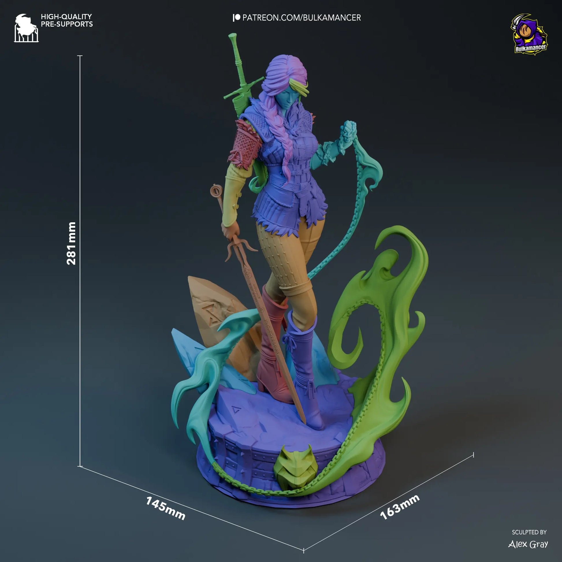 Dimension view of Ciri fan art statue – 281mm tall, 145mm wide, 163mm deep – 3D printed collectible with base.